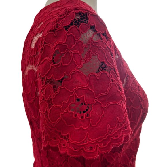 Lauren Ralph Lauren Red Lace Midi Sheath Dress with scalloped sleeves and hem - Picture 7 of 10